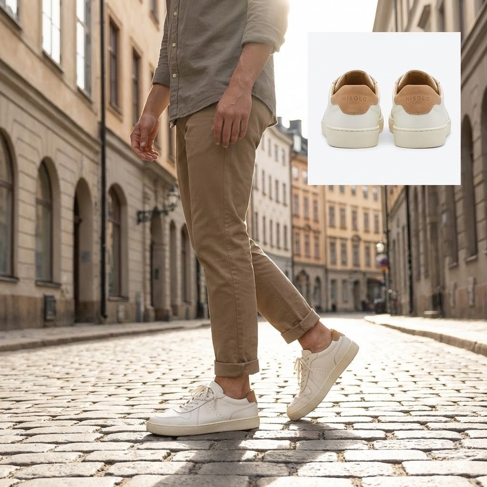 Nisolo Men's Diego Everyday Sneaker‎ 10.5 White Leather Tan Heel Low Top Casual